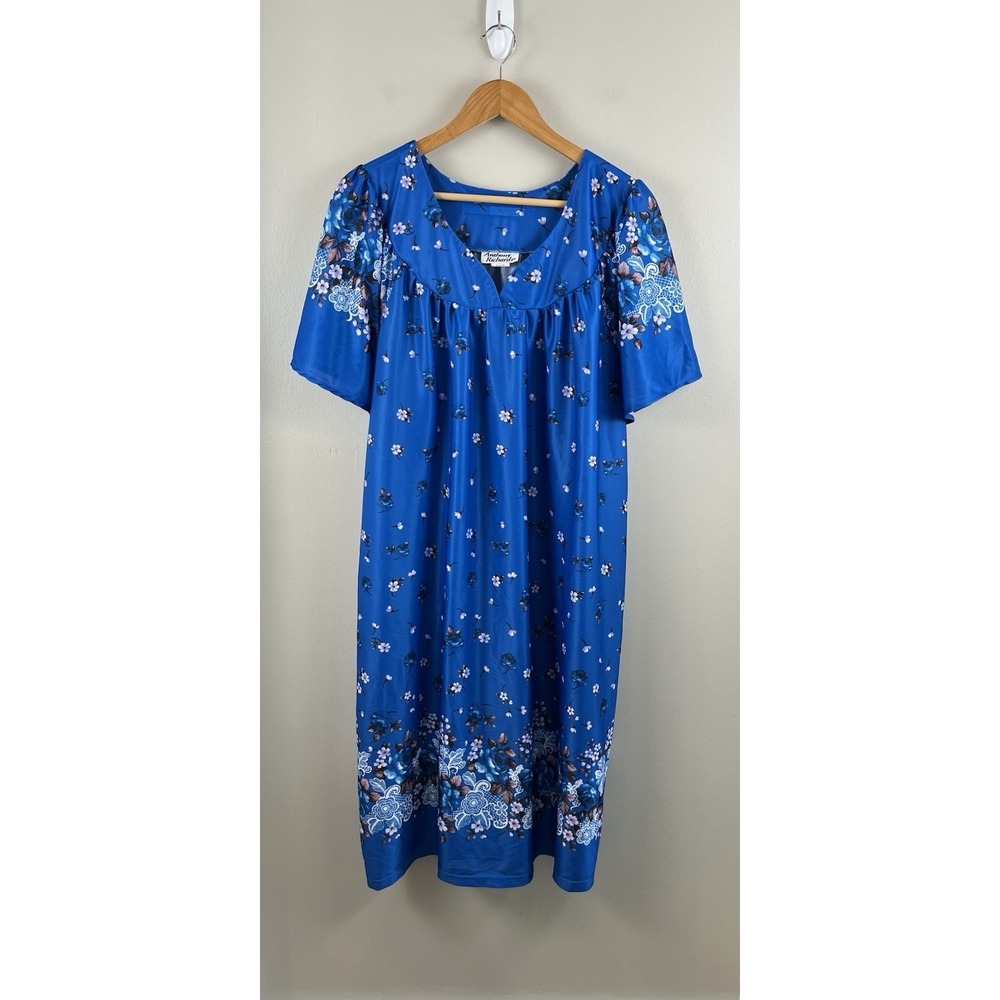 Anthony Richards Vtg Blue Floral Short Sleeve House Dress Mumu Caftan 2X